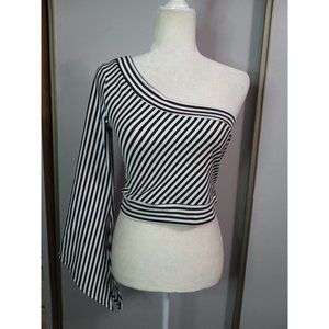 Helium Large Black White Strip One Shoulder Classic Going Out Occasion Crop Top